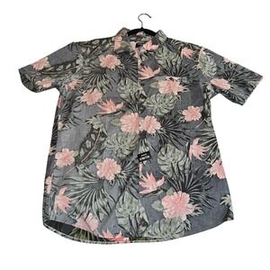 Hurley Mens Medium Floral Button‎ Up Shirt Stretch Short Sleeve Gray Pink